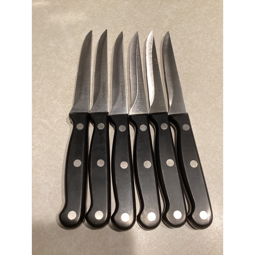 Calphalon 6 Piece Steak Knife Set Serrated Stainless Steel Triple Rivet Black - Picture 2 of 4